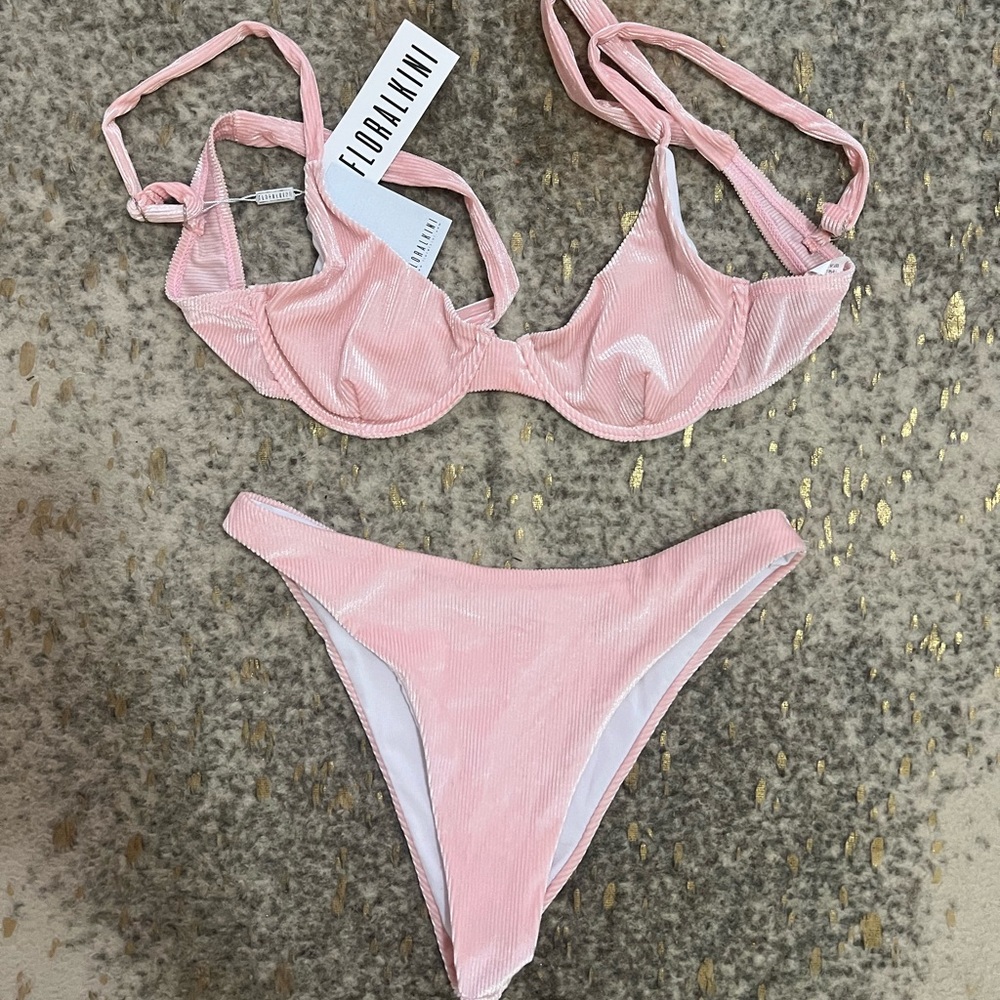 Pink rubbed velvet floralkini bikini
